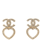 Chanel Metal Crystal CC Heart Drop Earrings Gold