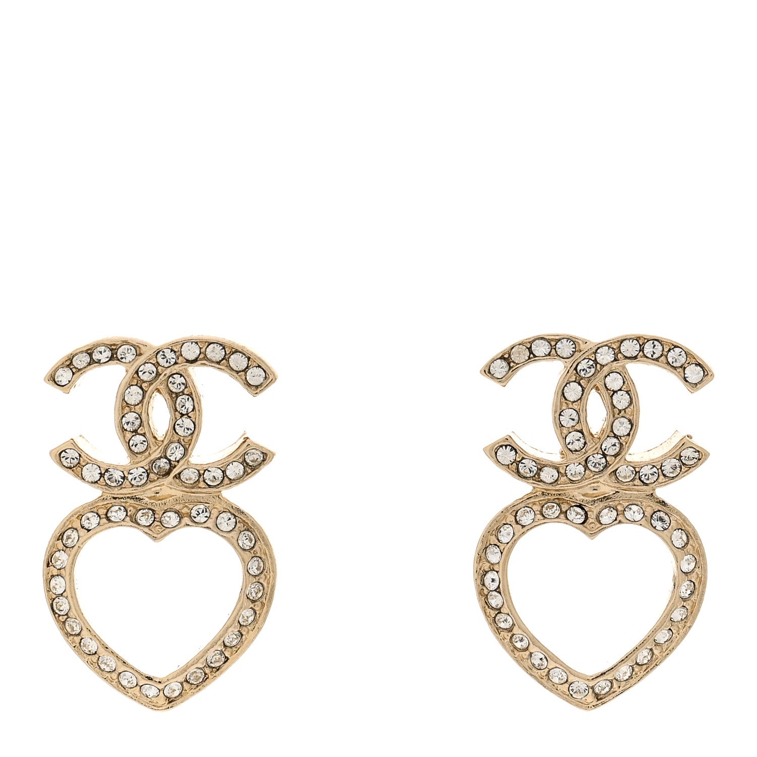 Chanel Metal Crystal CC Heart Drop Earrings Gold