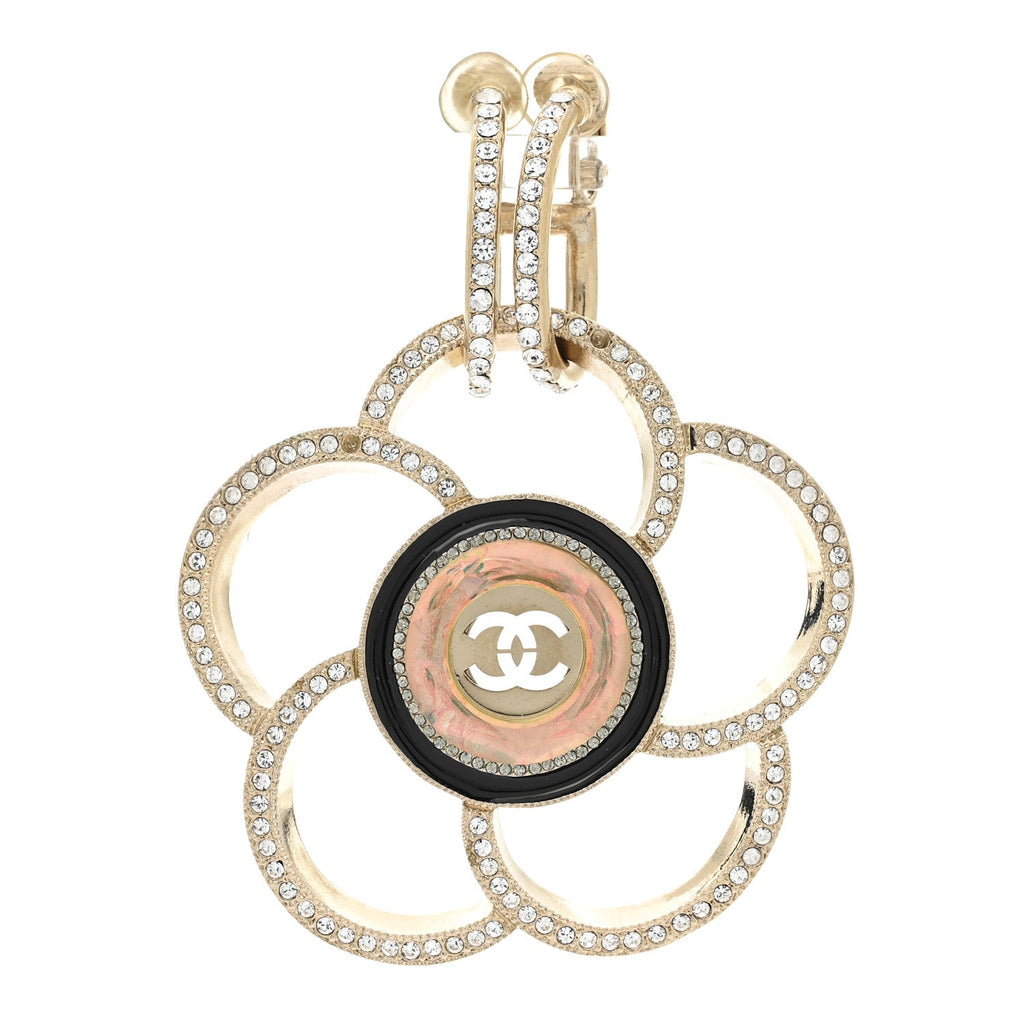 Chanel Resin Crystal CC Camellia Drop Single Clip On Earring Gold Black