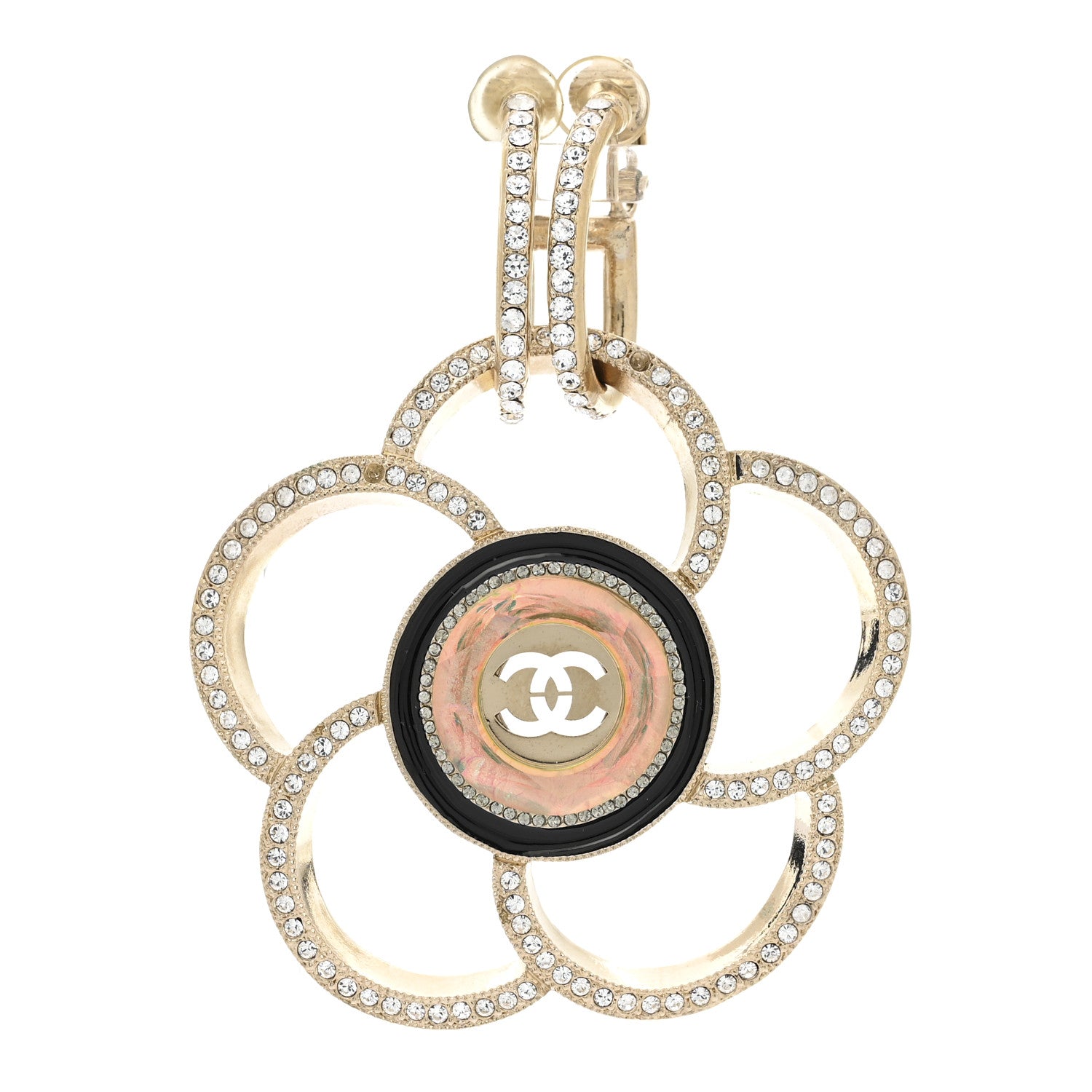 Chanel Resin Crystal CC Camellia Drop Single Clip On Earring Gold Black