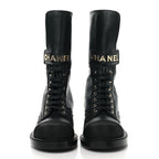 Chanel Shiny Calfskin Grosgrain Lace Up Combat Boots 36.5 Black
