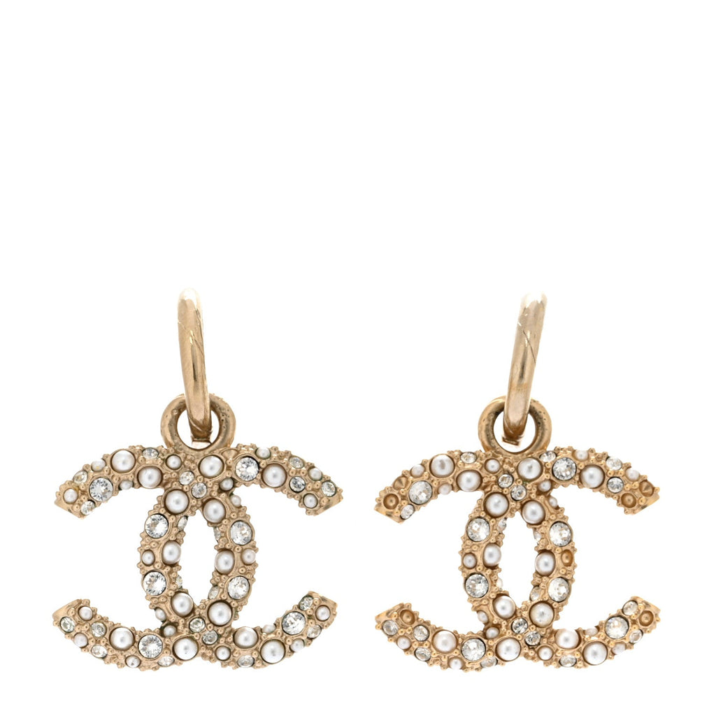 Chanel Crystal Pearls CC Drop Earrings Light Gold