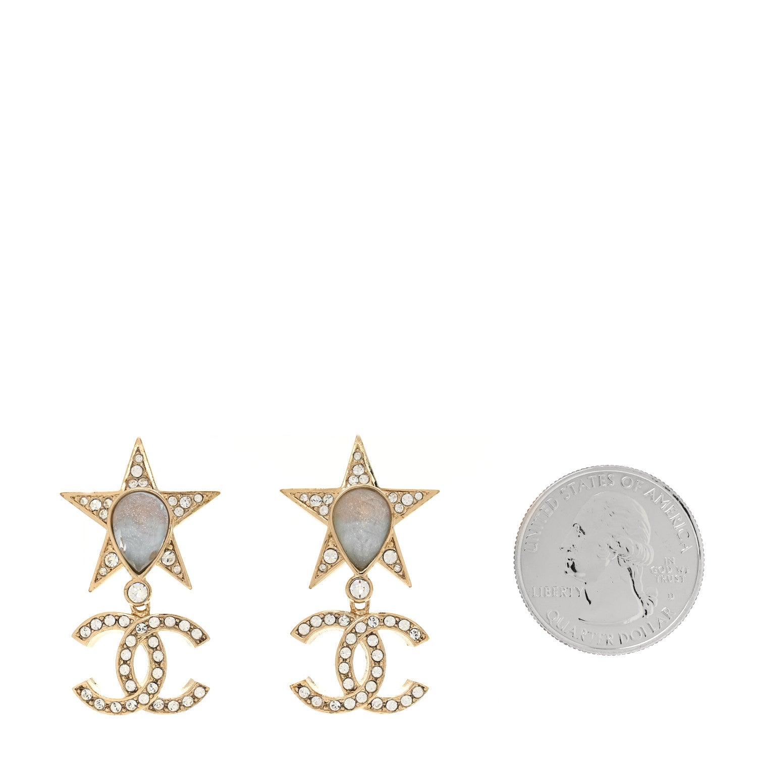 Chanel Crystal CC Star Drop Earrings Gold Blue Pink