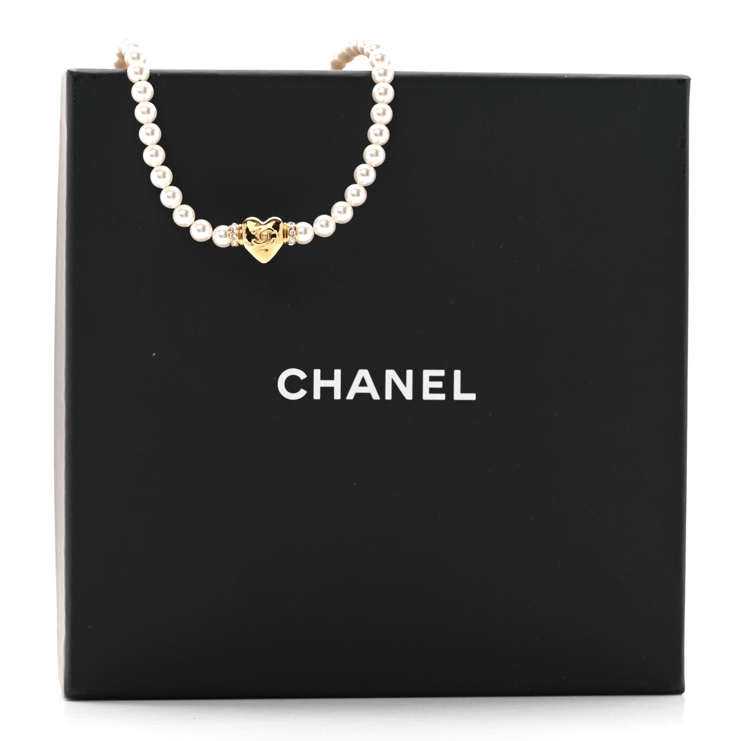 Chanel Crystal Pearl CC Heart Choker Necklace Gold