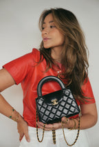 Chanel 23K Black Shiny Aged Calfskin Quilted Nano Kelly Shopper Aged Gold Hardware