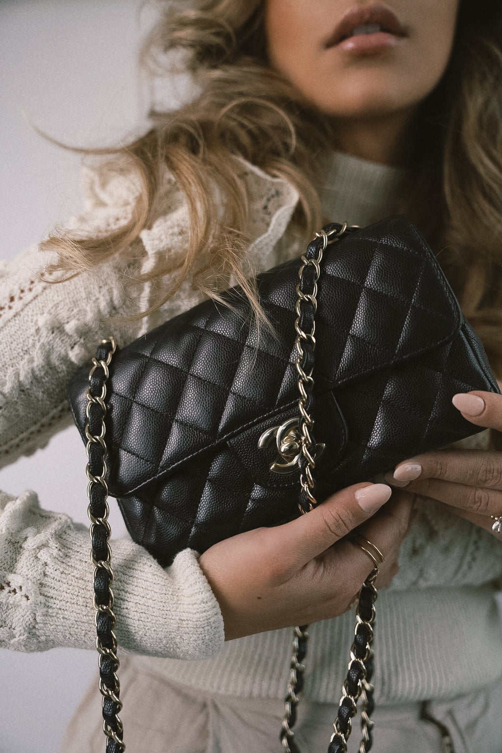 Chanel Black Caviar Quilted Mini Rectangular Flap Light Gold Hardware