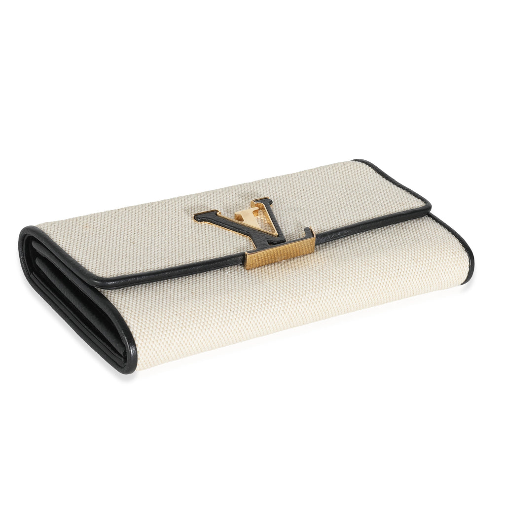 Louis Vuitton Black Taurillon Beige Canvas Capucines Wallet